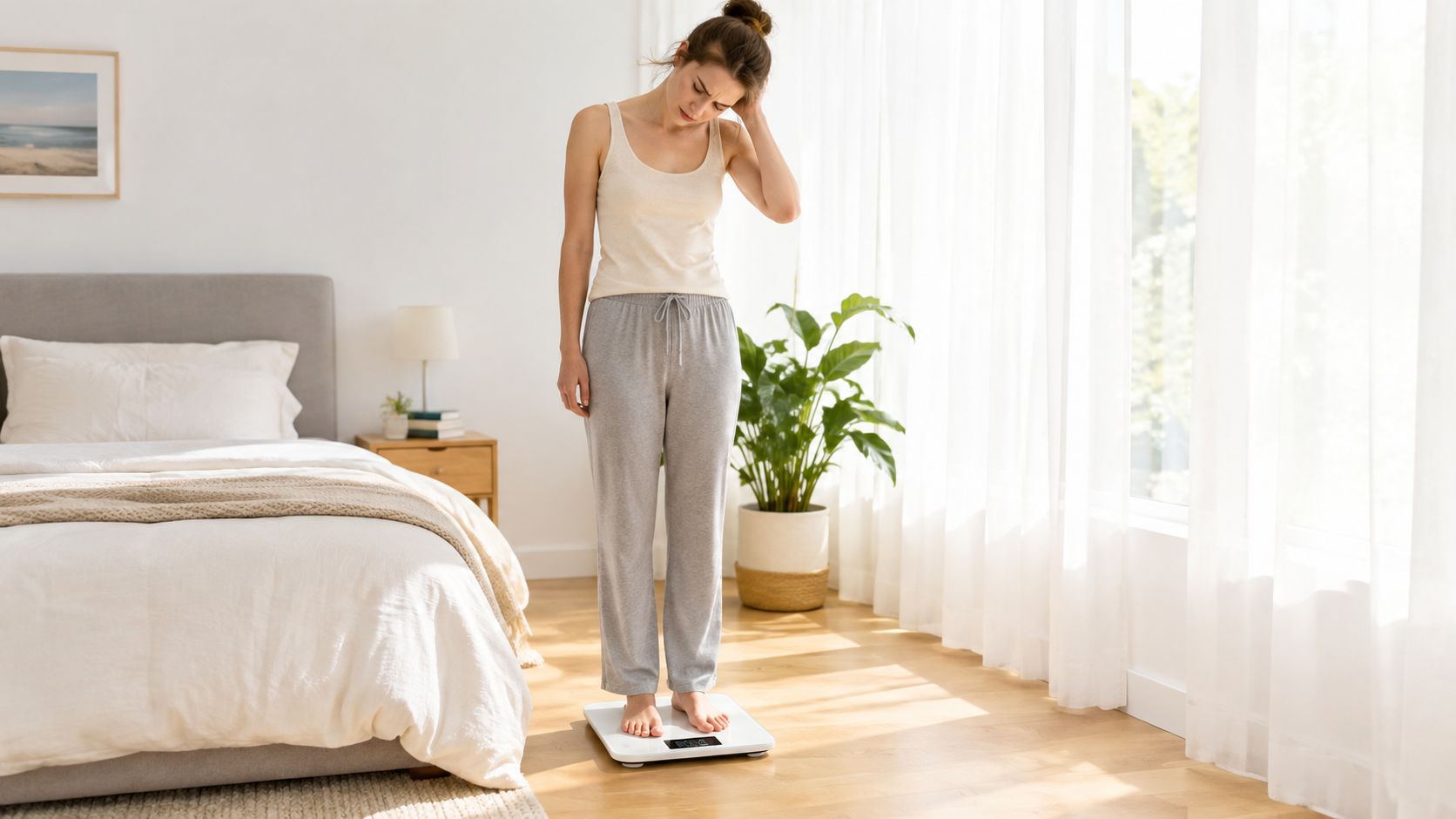 A distressed young woman standing on a bathroom scale while looking down at her body weight.