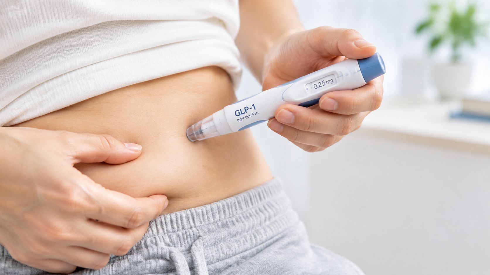 A person administering a GLP-1 injection pen into their abdomen for medication or weight management.