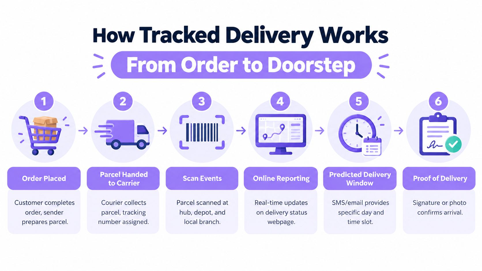 A six-step infographic explaining how a tracked delivery service works from the order placement to final delivery.