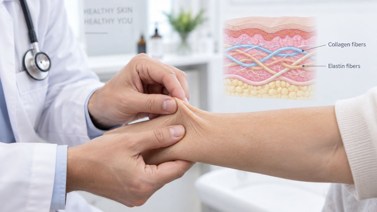A doctor examines loose, sagging skin on a patient's hand with an illustrative diagram of skin fibers.