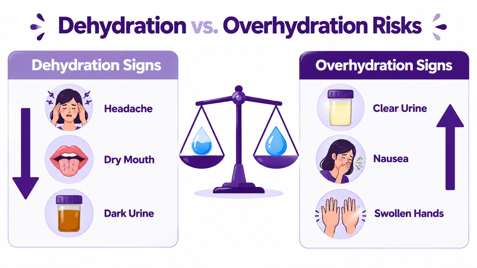 An infographic comparing symptoms of dehydration and overhydration, showing signs like headache, urine color, and physical swelling.