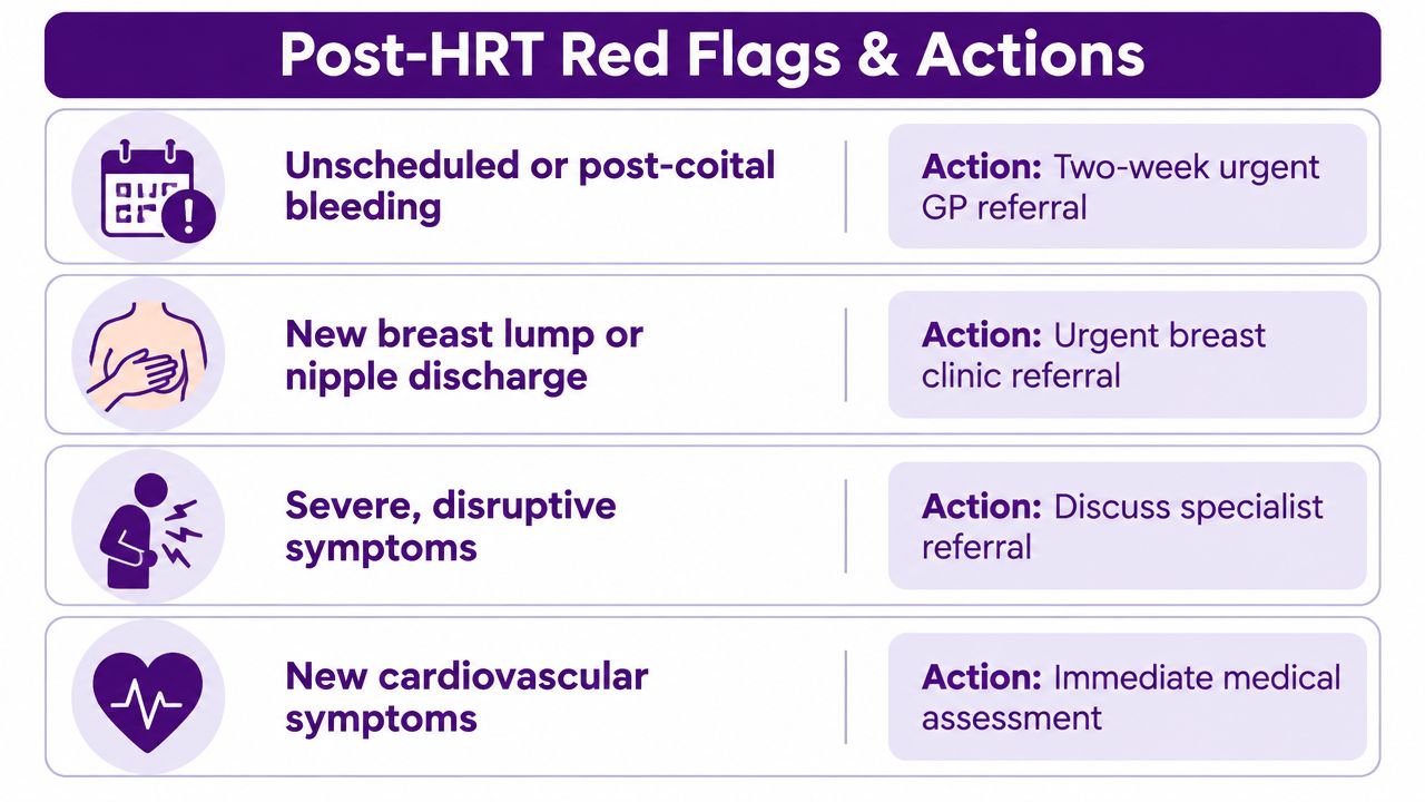 A chart showing red flags after HRT, including abnormal bleeding, breast lumps, severe symptoms, and cardiovascular issues.