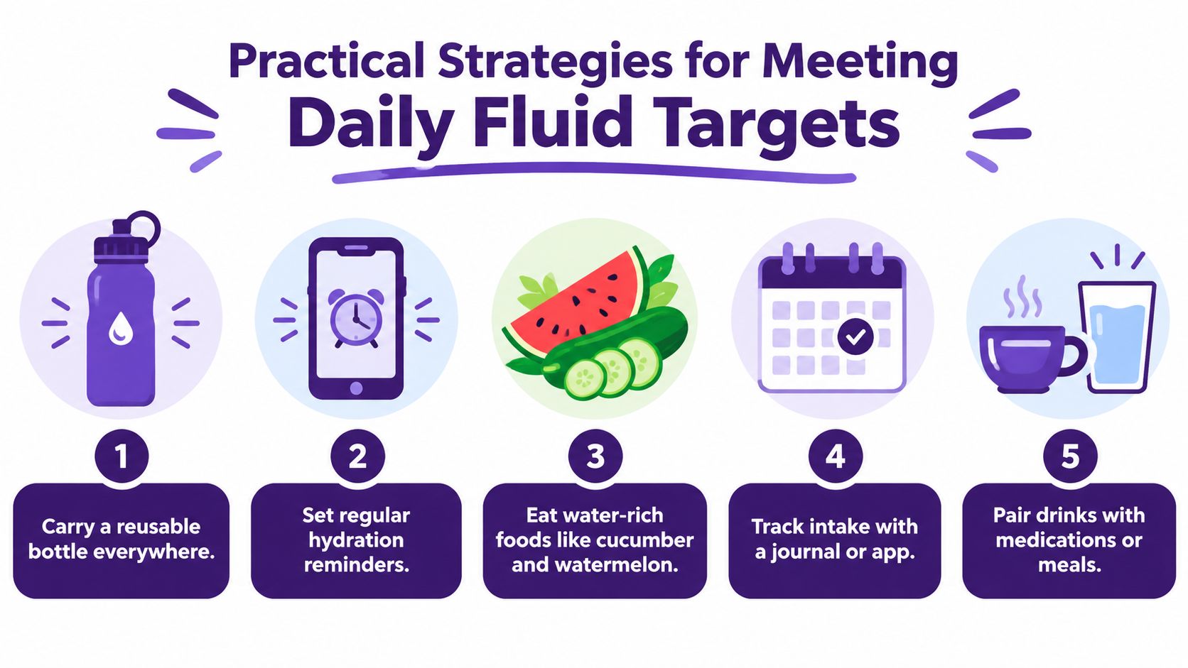 An infographic showing five practical strategies for meeting daily fluid intake targets with icons and labels.