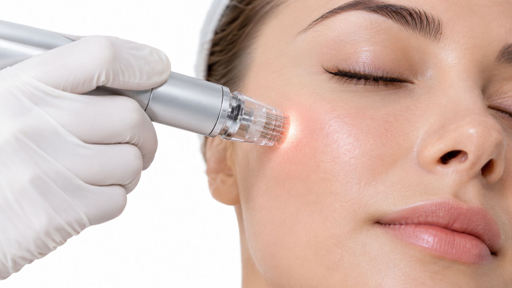 A professional aesthetician performs a microneedling treatment on a woman's face to reduce fine lines and wrinkles.