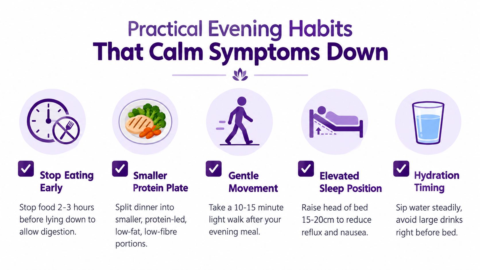 A helpful infographic showing five practical evening habits to help manage and calm nighttime nausea symptoms.