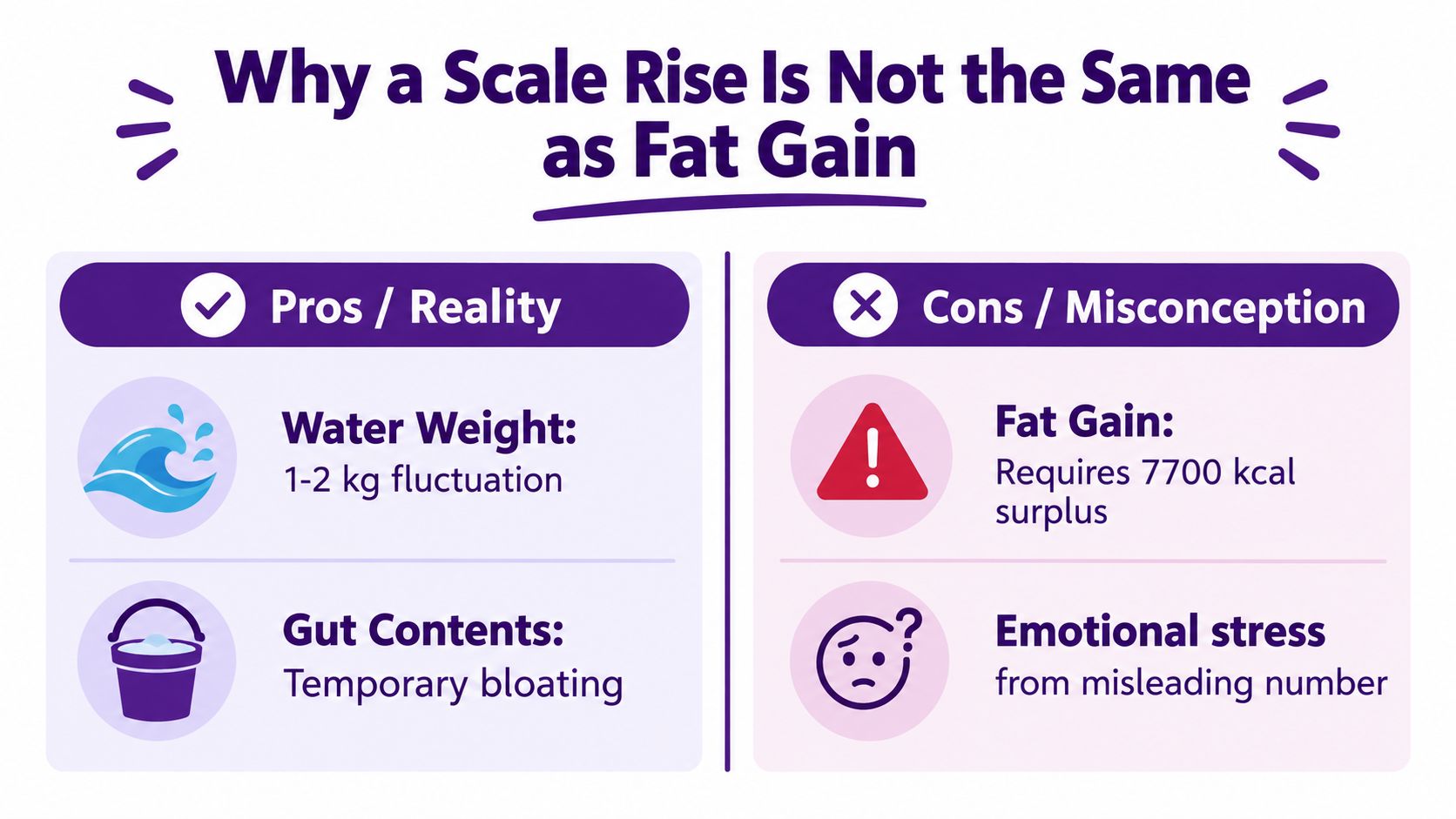 An infographic titled Why a Scale Rise Is Not the Same as Fat Gain, contrasting real causes like water weight with misconceptions.