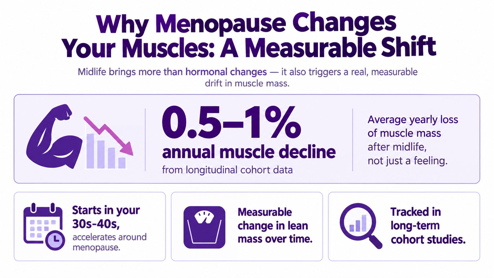 An infographic showing that women experience an average annual muscle loss of 0.5 to 1 percent after midlife.