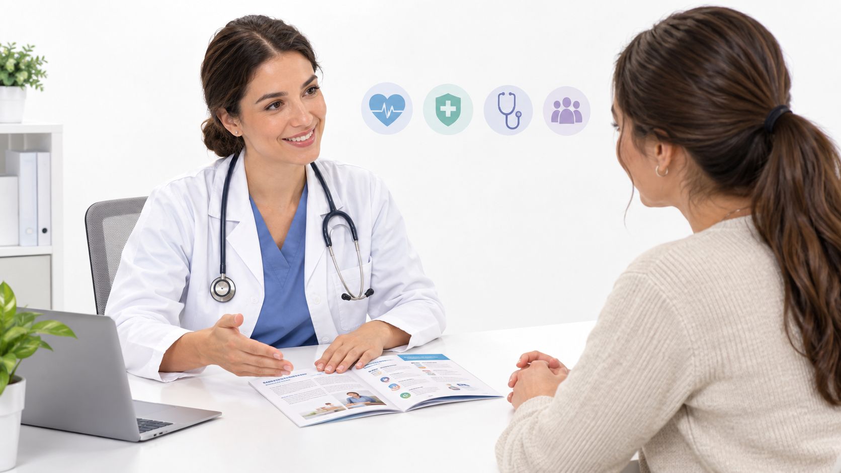 A smiling female doctor sitting at a desk explaining medical information to a patient in a clinic.