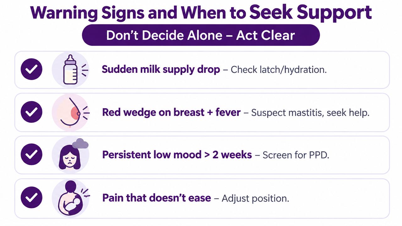 An infographic list titled Warning Signs and When to Seek Support with icons for breastfeeding challenges.