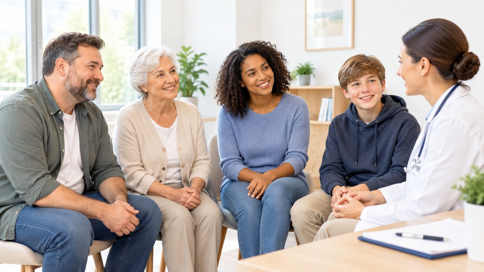 A diverse group of patients sitting and talking with their friendly doctor in a bright office.