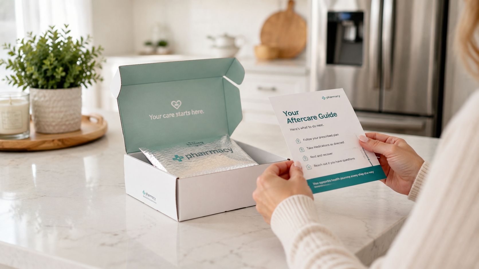A person holding an aftercare guide from an online pharmacy next to a packaged medical delivery box.