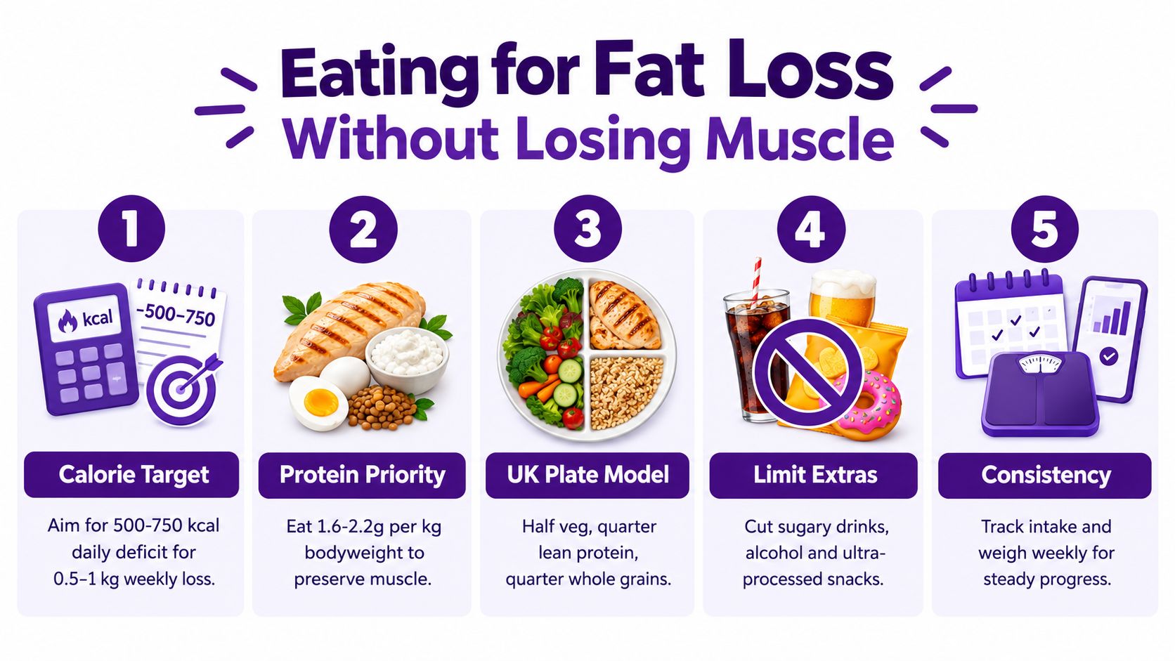 A five-step infographic showing how to lose body fat while maintaining muscle mass through diet.