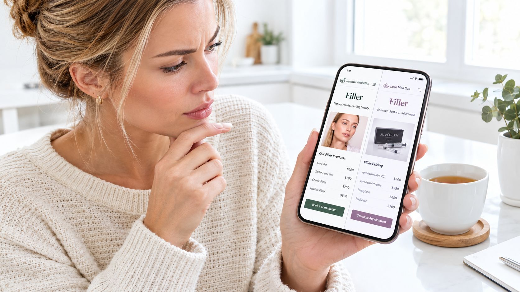 A concerned woman holding a smartphone displaying a medical aesthetic website comparing dermal filler prices and products.