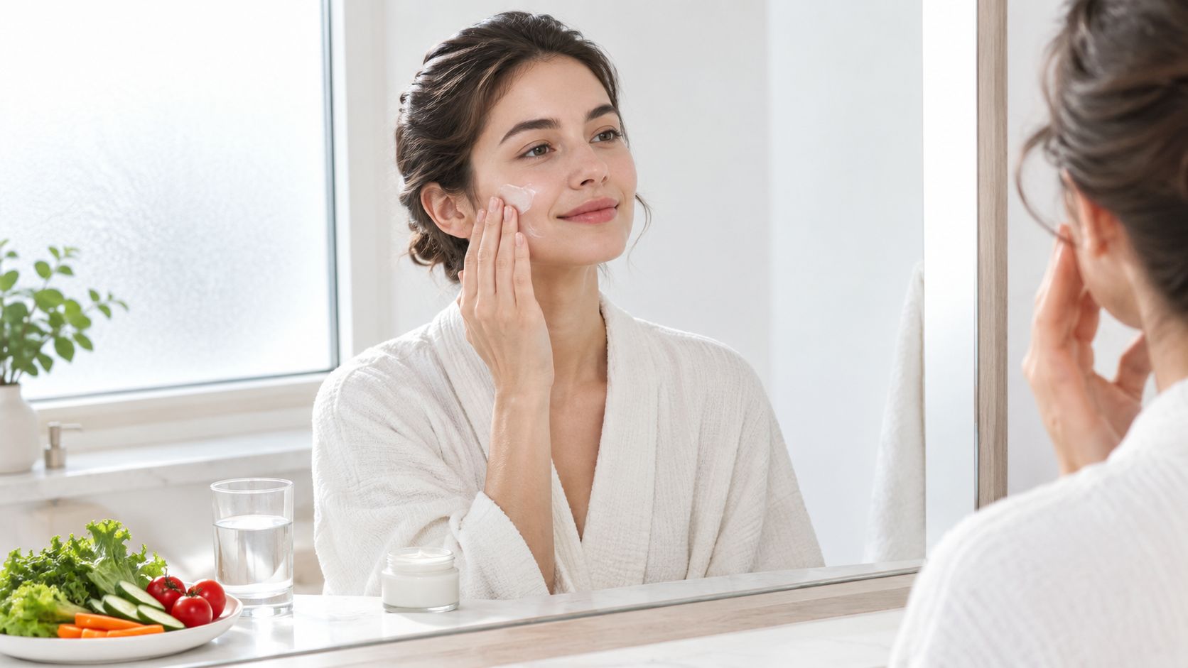 A woman in a white bathrobe applies cream to her face while standing in front of a mirror.