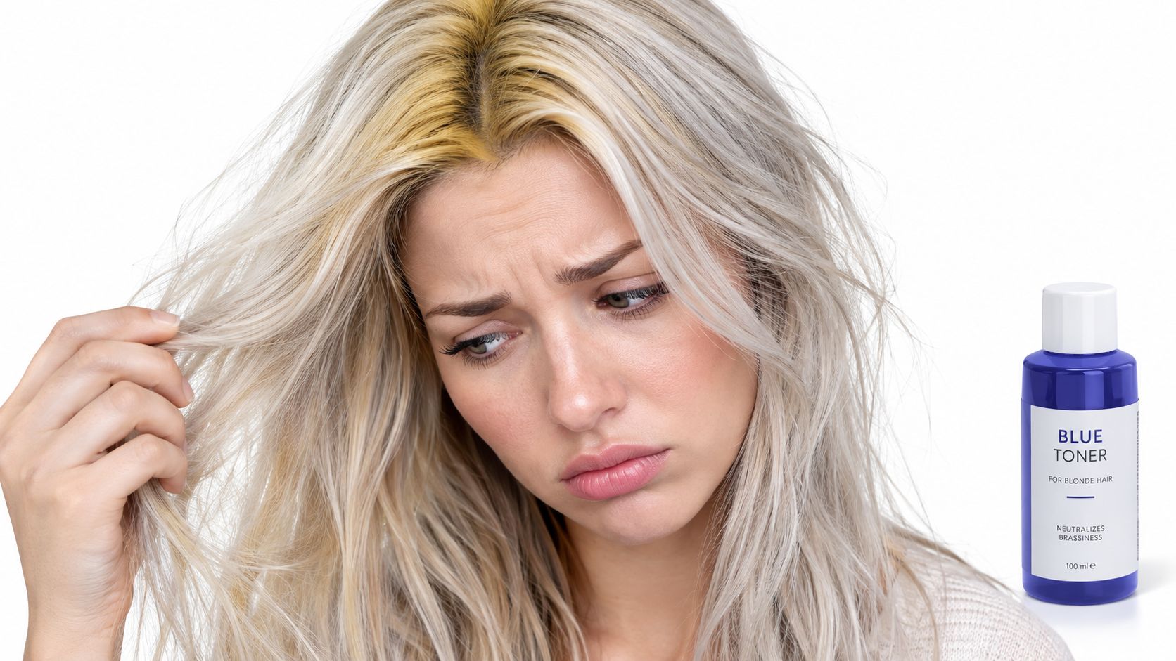 A concerned woman holding her brassy blonde hair next to a bottle of blue hair toner.
