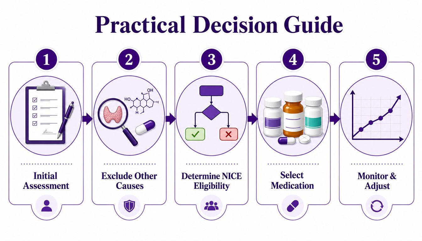 A five-step medical infographic titled Practical Decision Guide for clinicians managing patient treatment protocols.