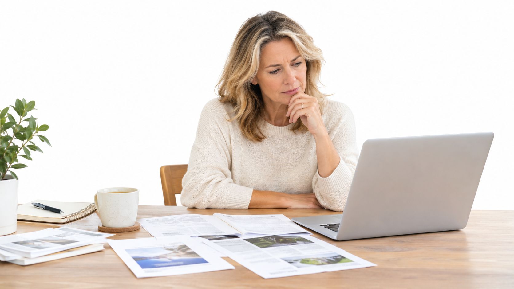A middle-aged woman sitting at a wooden desk with a laptop and documents, appearing thoughtful and focused.