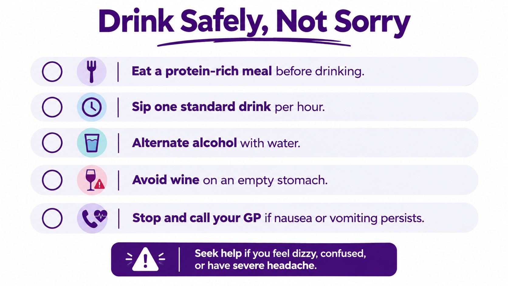 An infographic titled Drink Safely, Not Sorry, providing health and safety tips for alcohol consumption.