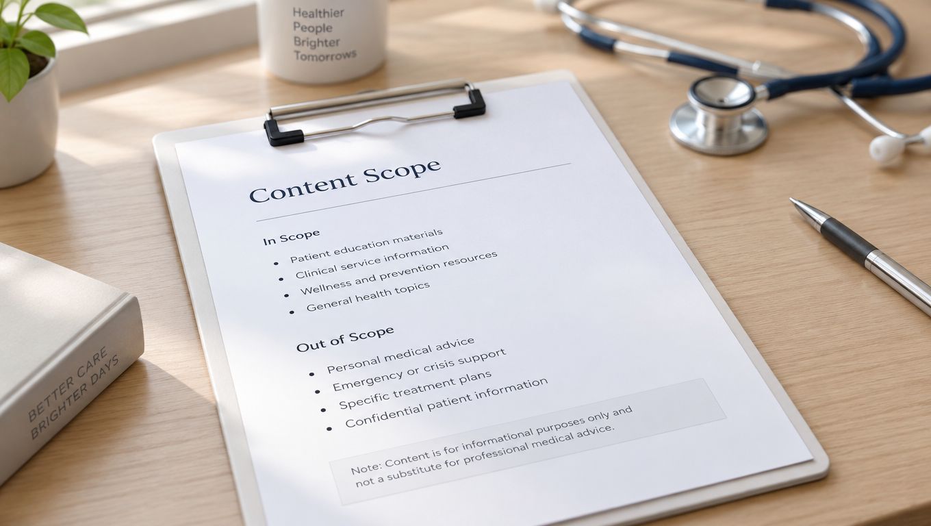 A document on a wooden desk titled Content Scope listing inclusions and exclusions for health information.