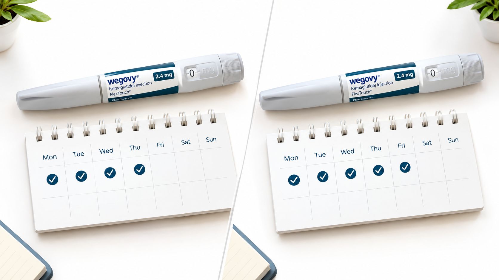 A split view showing two Wegovy semaglutide injection pens above weekly planners with marked injection days.