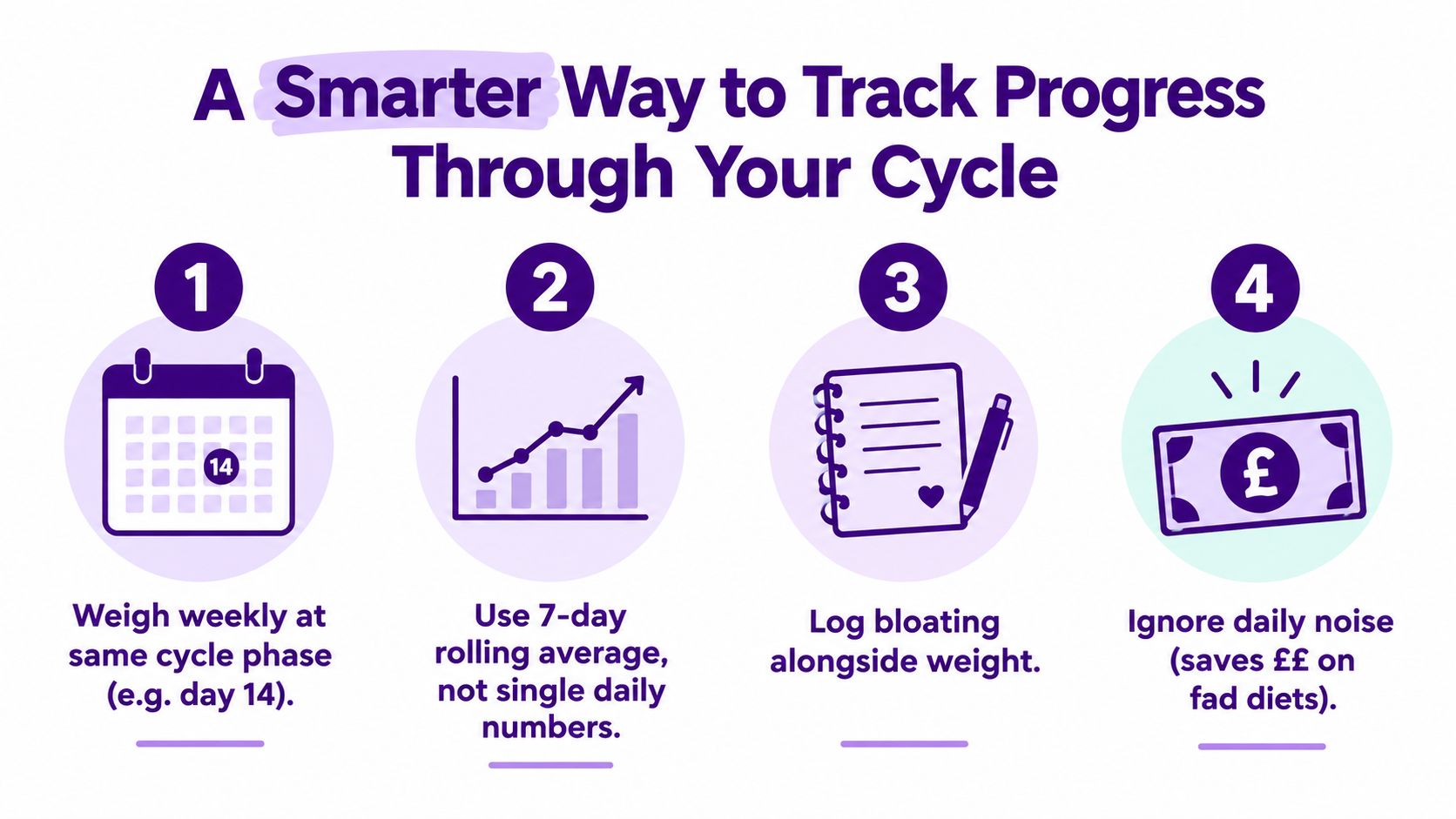 An infographic titled A Smarter Way to Track Progress Through Your Cycle featuring four tracking tips.