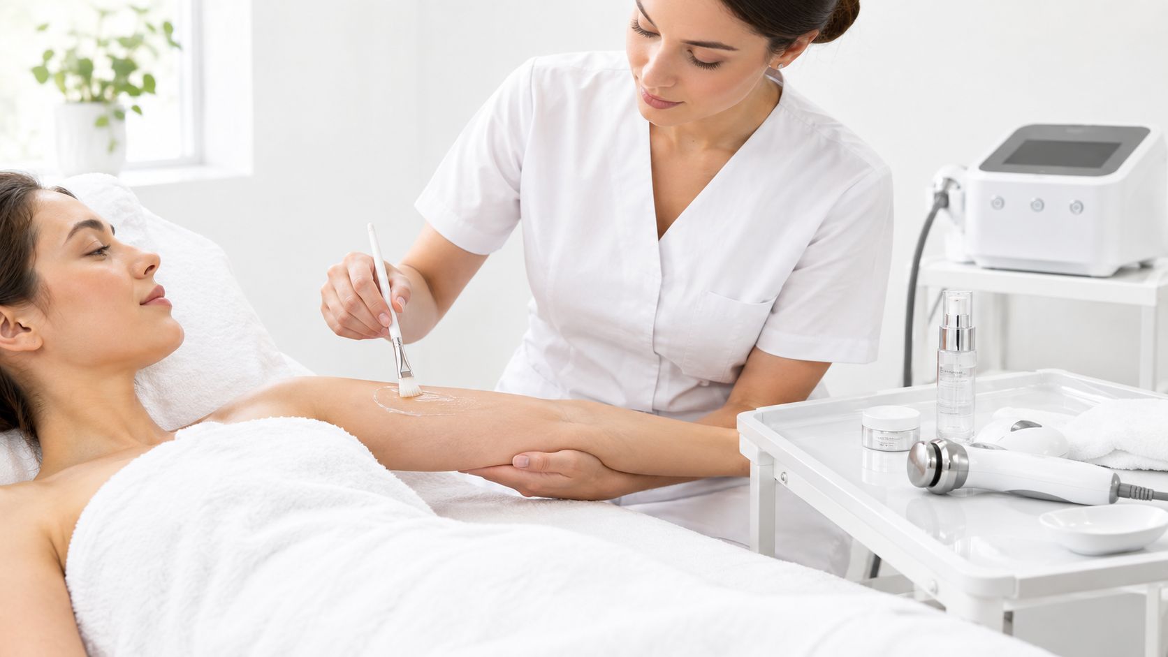 A professional esthetician applying gel with a brush on a client's arm during a cosmetic treatment.