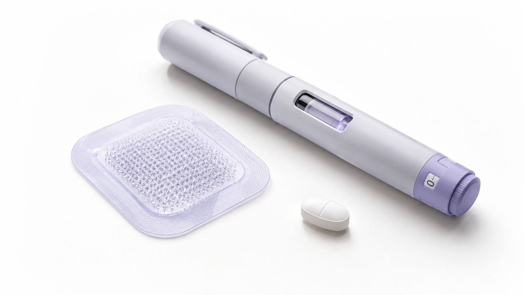 A microneedle patch for skin medication, an insulin pen device, and a single white oval pill.