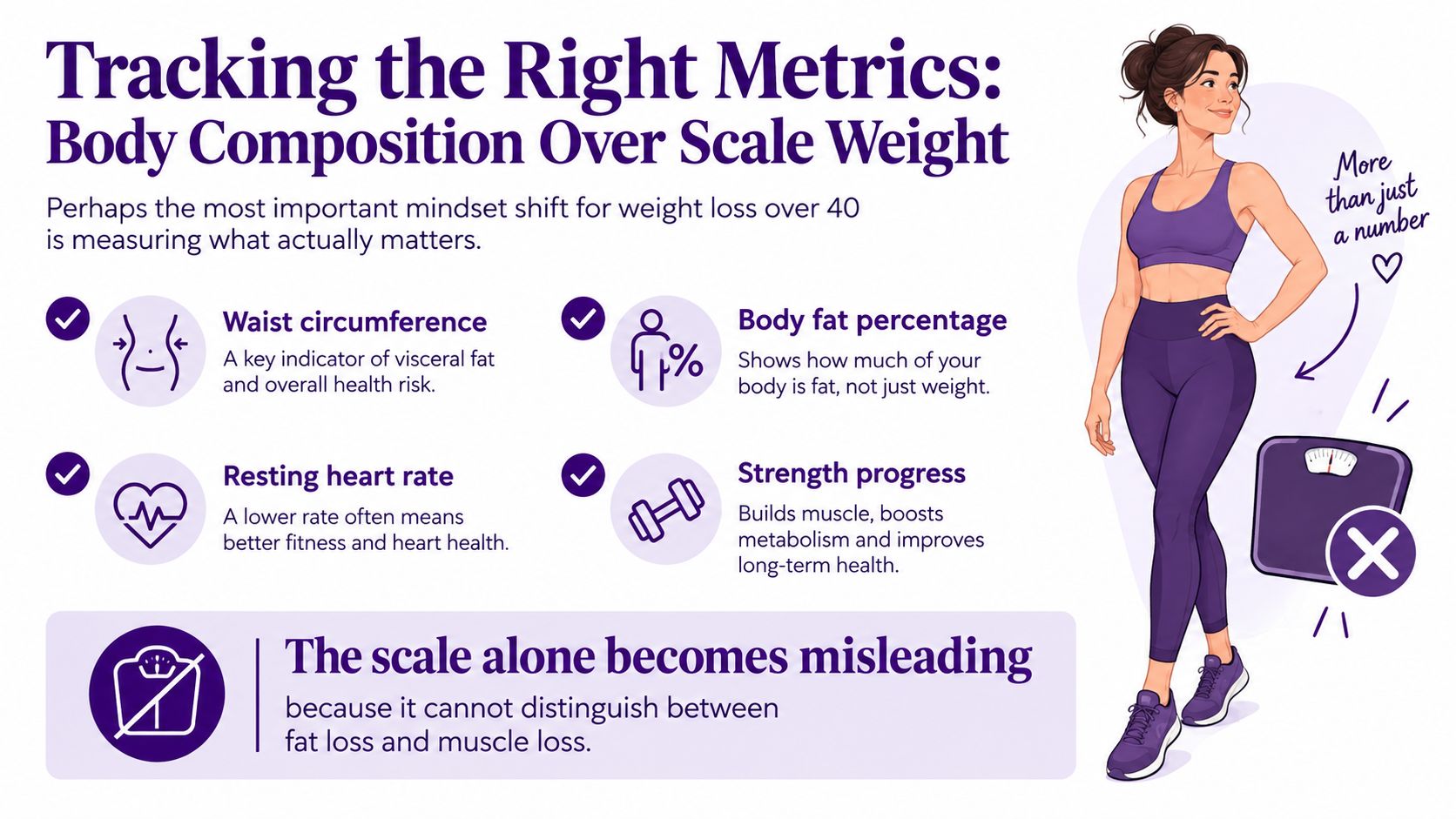 An infographic suggesting weight tracking metrics beyond the scale for individuals over forty years old.