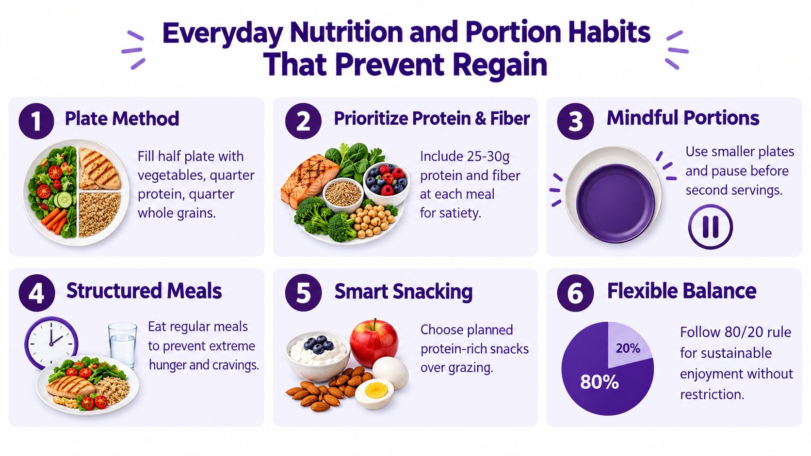 An infographic titled Everyday Nutrition and Portion Habits That Prevent Regain showing six tips for healthy eating.