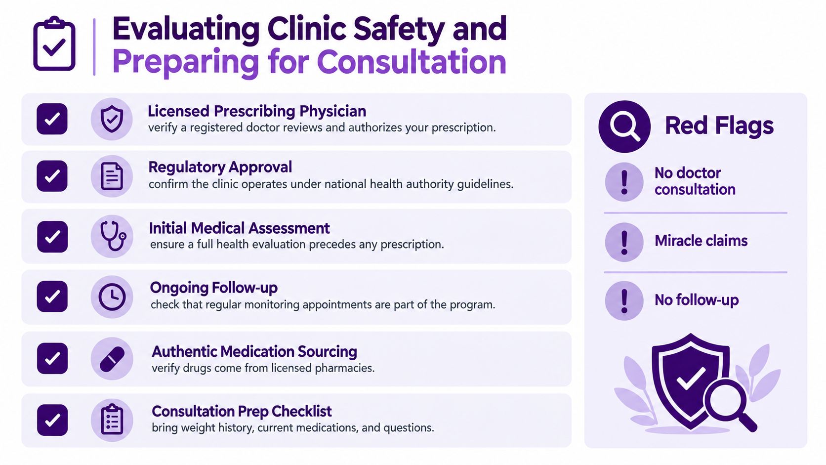 An infographic detailing safety criteria for selecting a clinic for a GLP-1 weight loss program.
