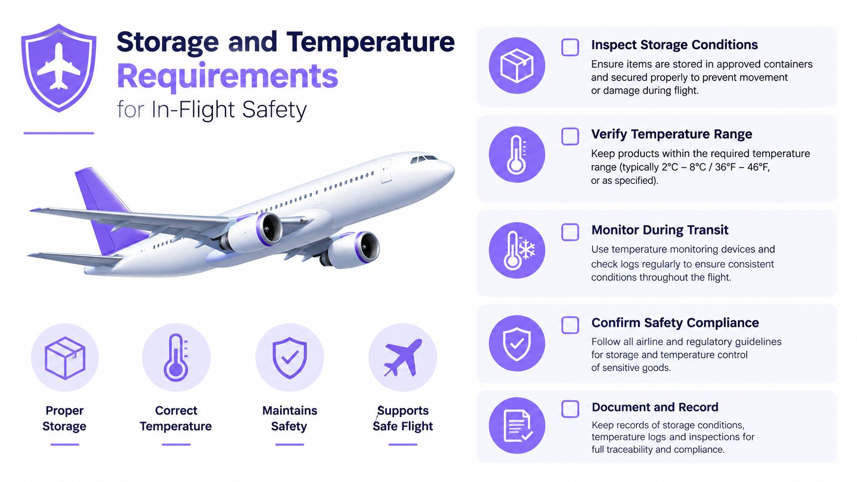 An infographic detailing safety guidelines for storing and transporting temperature-sensitive items on an airplane flight.