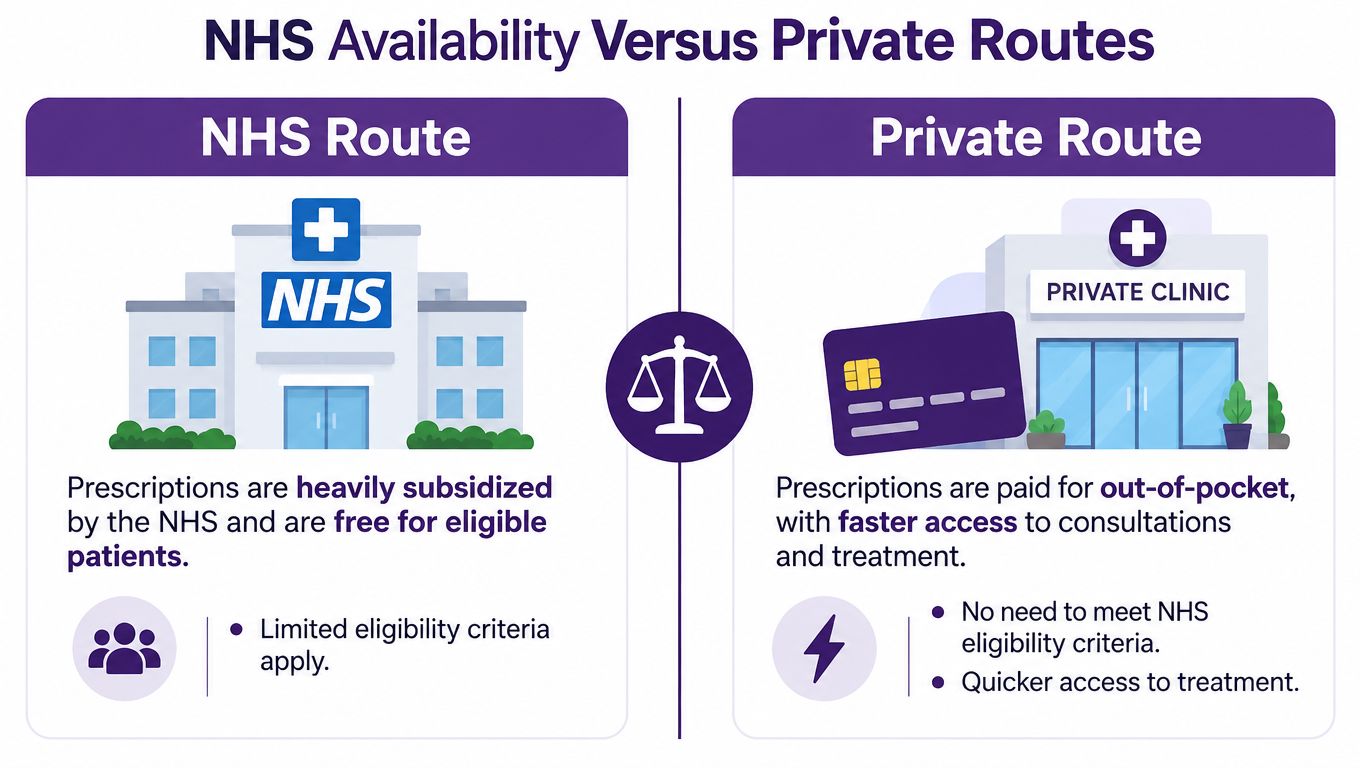 A comparison chart showing differences between NHS healthcare and private clinic routes regarding costs and access speed.