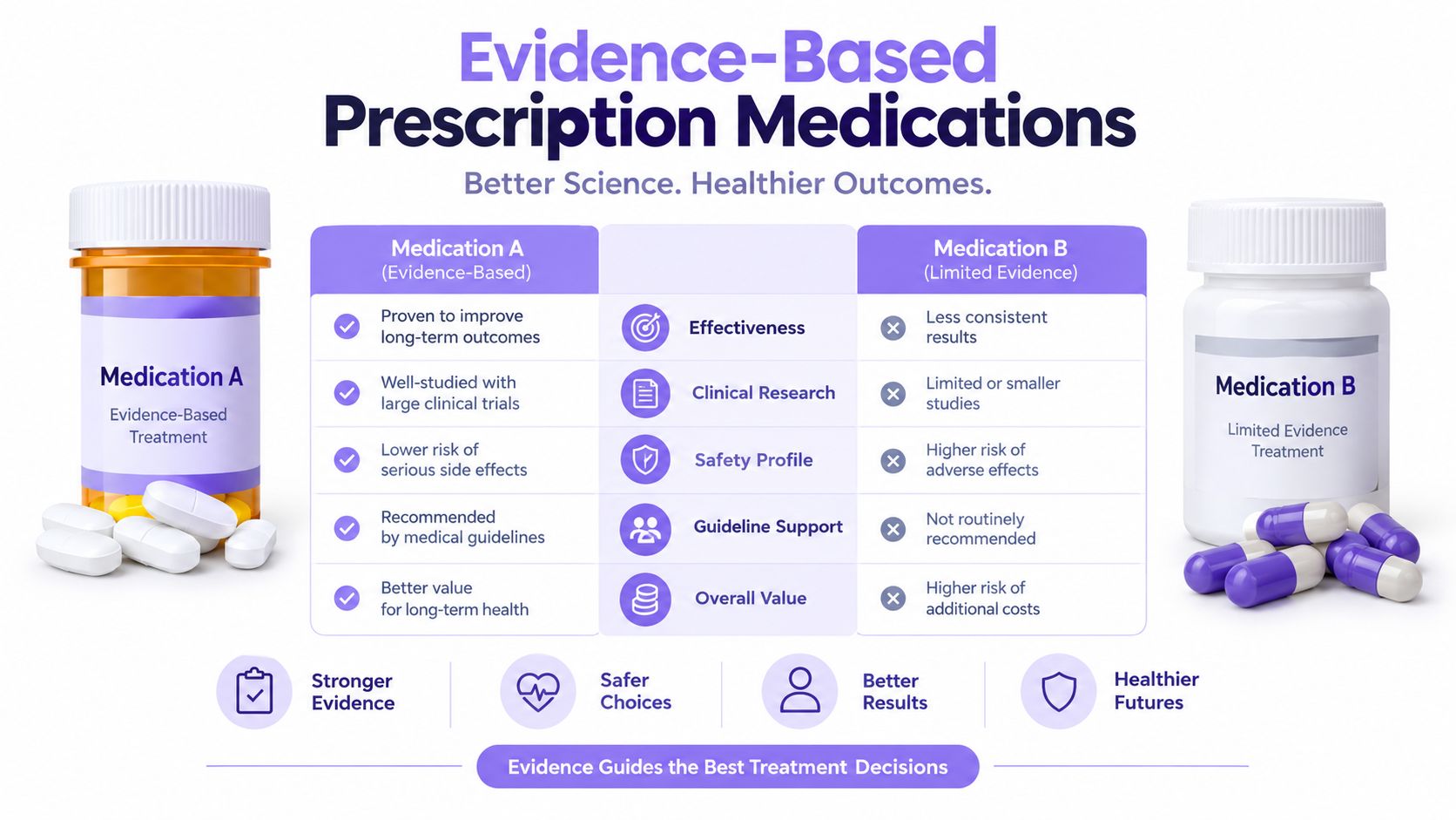 A comparison chart showing benefits of evidence-based prescription medications versus those with limited evidence in clinical settings.