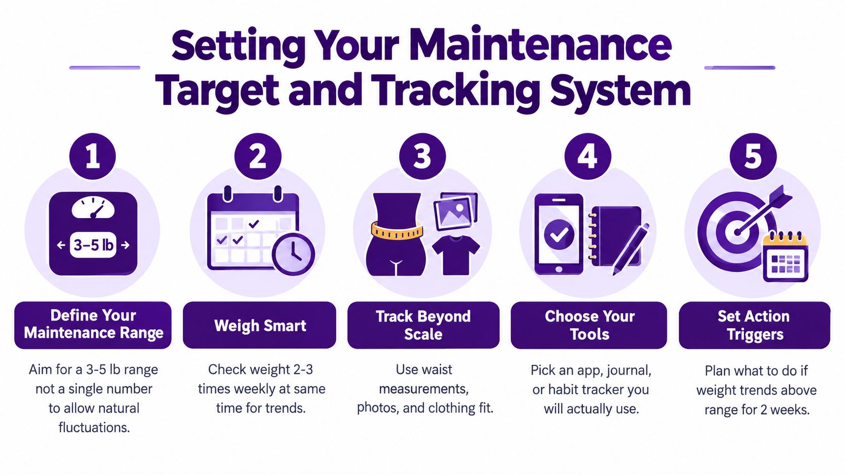 A five-step guide on setting a maintenance target and tracking system for successful long-term weight management.