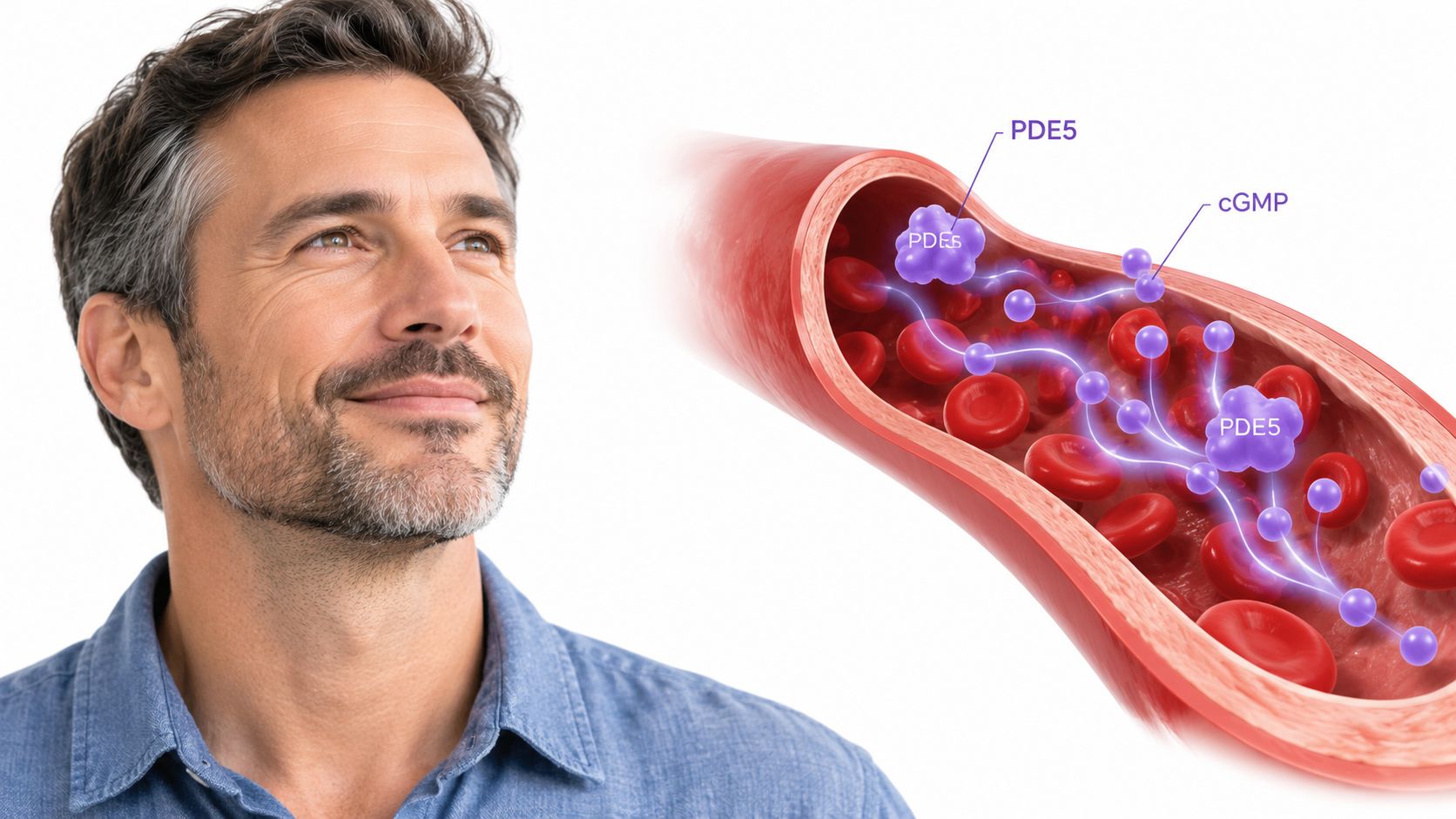 A man looking thoughtfully at a medical visualization showing PDE5 enzymes interacting with cGMP molecules inside a blood vessel.