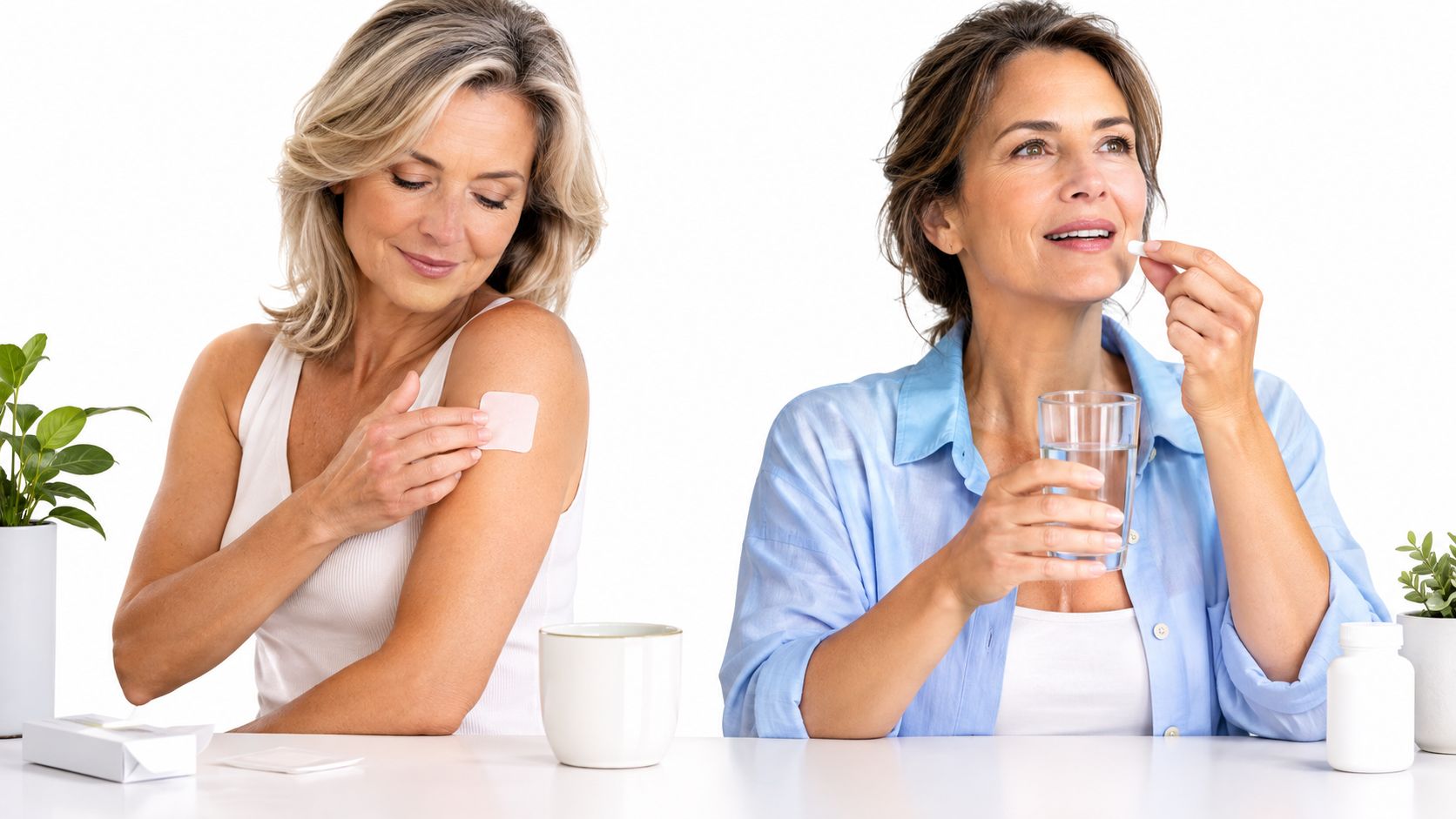 Two mature women taking hormone replacement therapy using a topical patch and an oral pill with water.