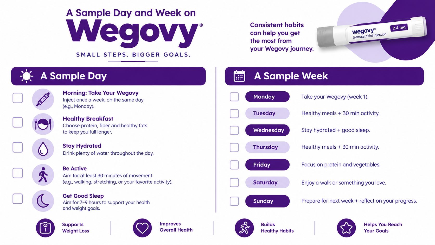 An infographic detailing a sample daily and weekly habit plan for individuals taking Wegovy injections.