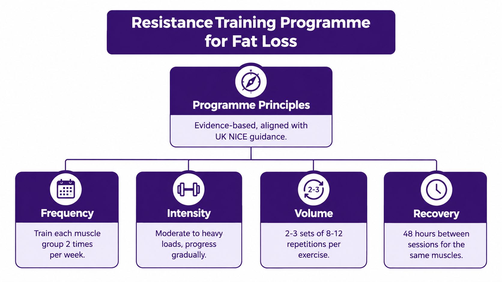 A flowchart outlining resistance training principles including frequency, intensity, volume, and recovery for effective fat loss.