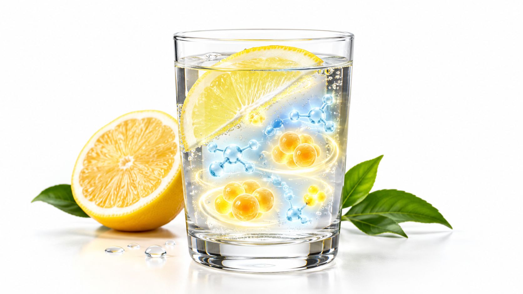 A glass of refreshing lemon water with floating molecular structures and fresh lemons on a white background.