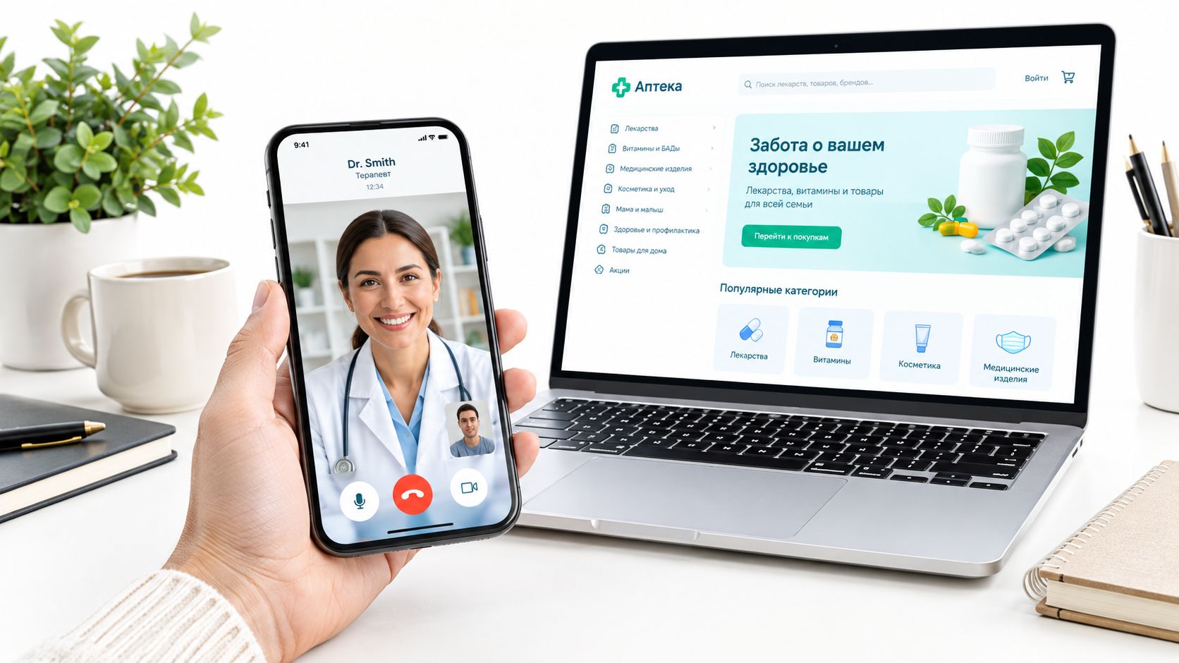 Person consulting with a doctor via a smartphone video call while browsing an online pharmacy website.