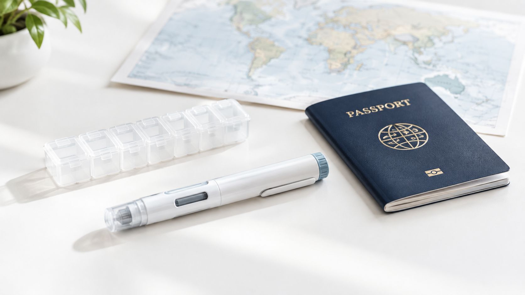 A passport, an insulin injection pen, and a daily pill organizer on a table with a map.