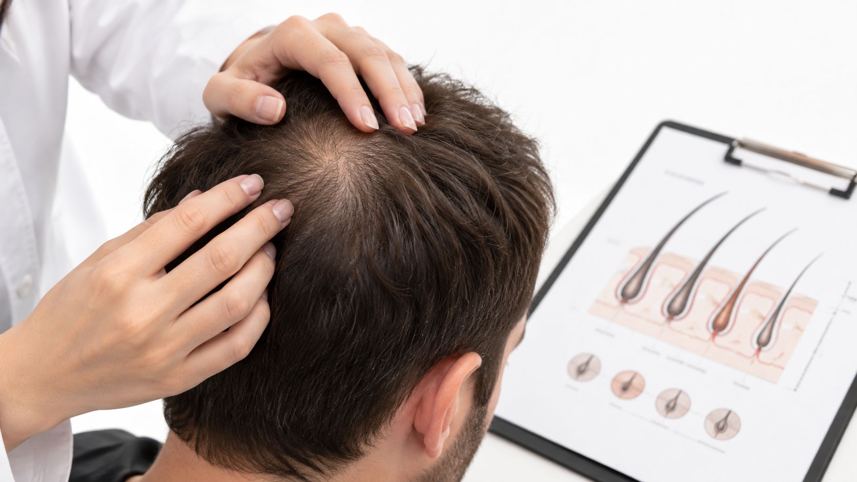 A professional dermatologist examining a man's thinning scalp with an informational hair follicle diagram on a clipboard.