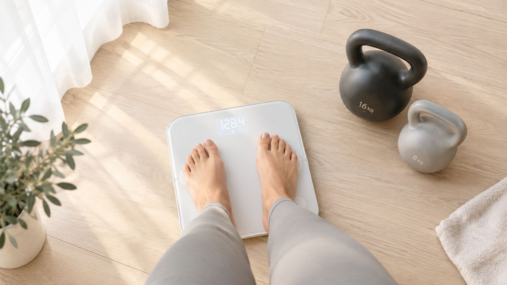 A person standing on a digital scale with kettlebells on a wooden floor near a curtain.