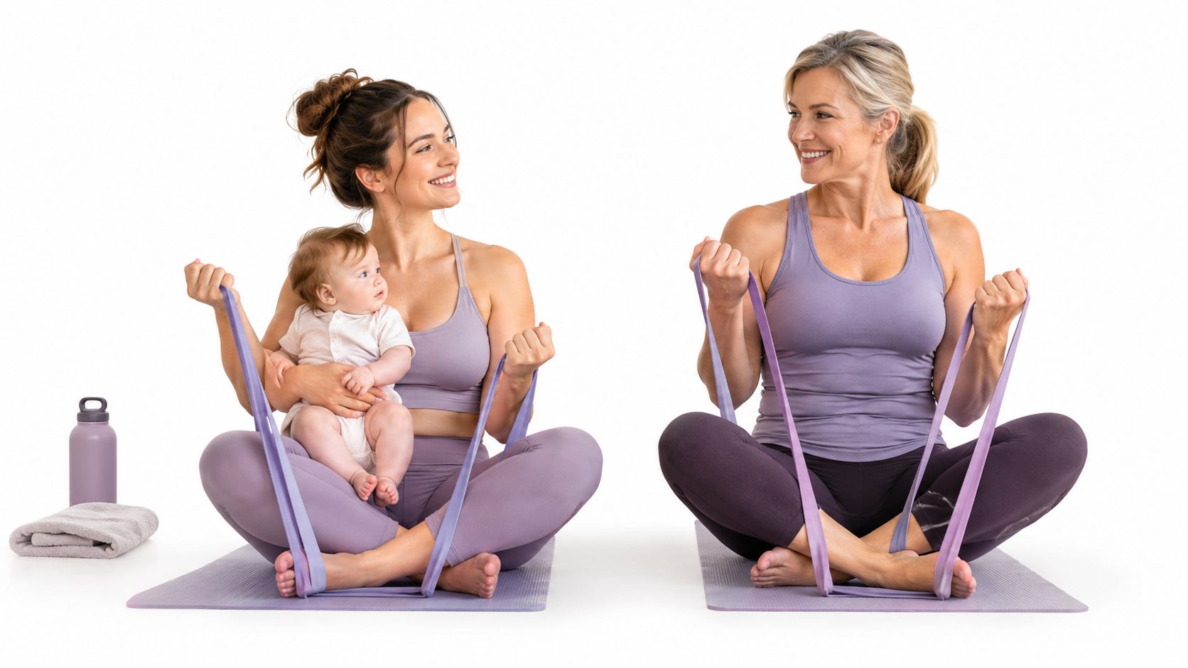 A woman holding her baby and an older woman exercising with resistance bands on yoga mats.