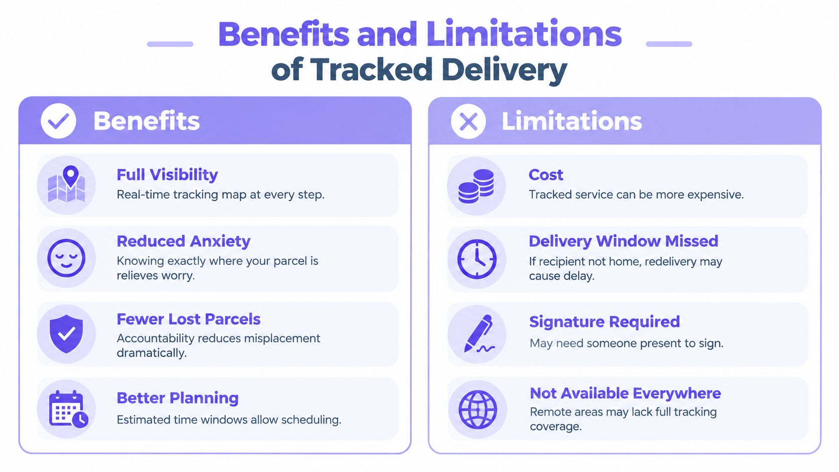 An infographic comparing the benefits and limitations of using a tracked delivery service for packages.