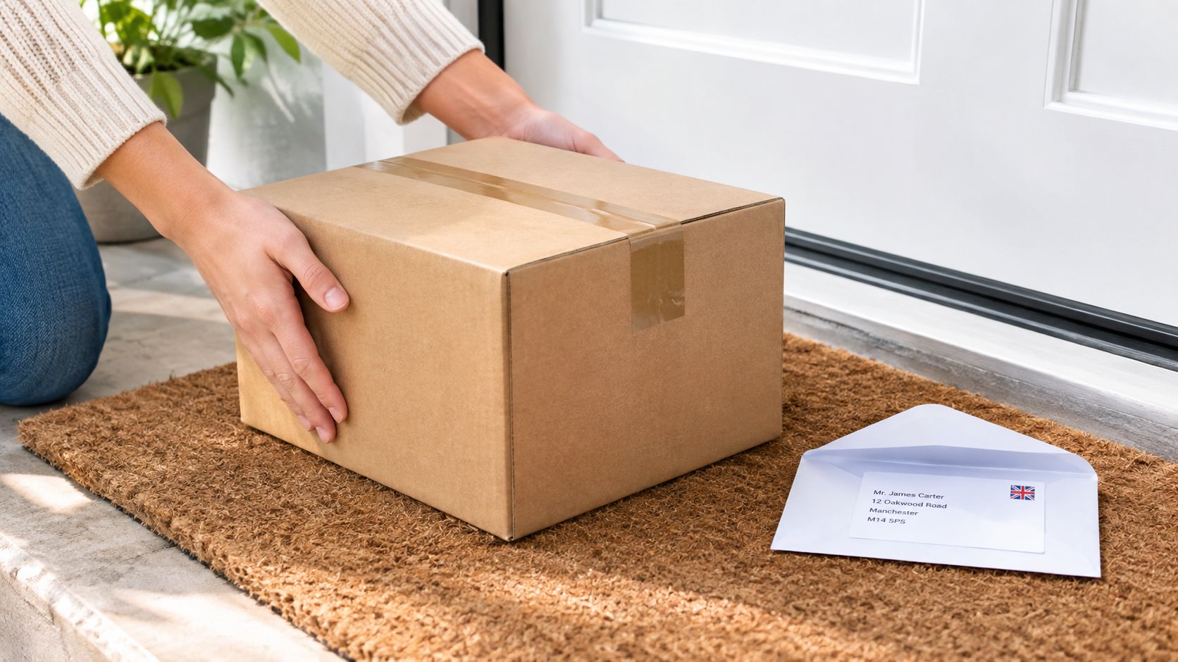 A person placing a cardboard package on a doorstep next to a delivered white envelope.