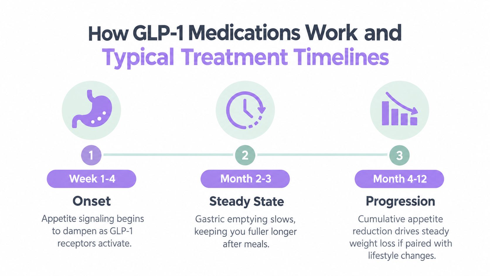 A diagram outlining the three-stage timeline of how GLP-1 medications work for weight loss management.