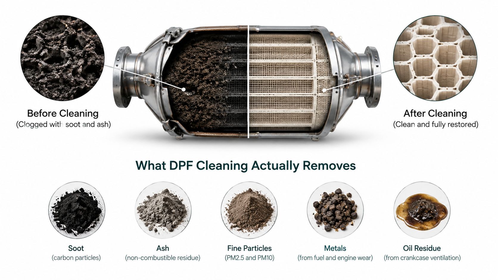 A cutaway view of a Diesel Particulate Filter comparing its clogged condition before cleaning with its restored state after cleaning.