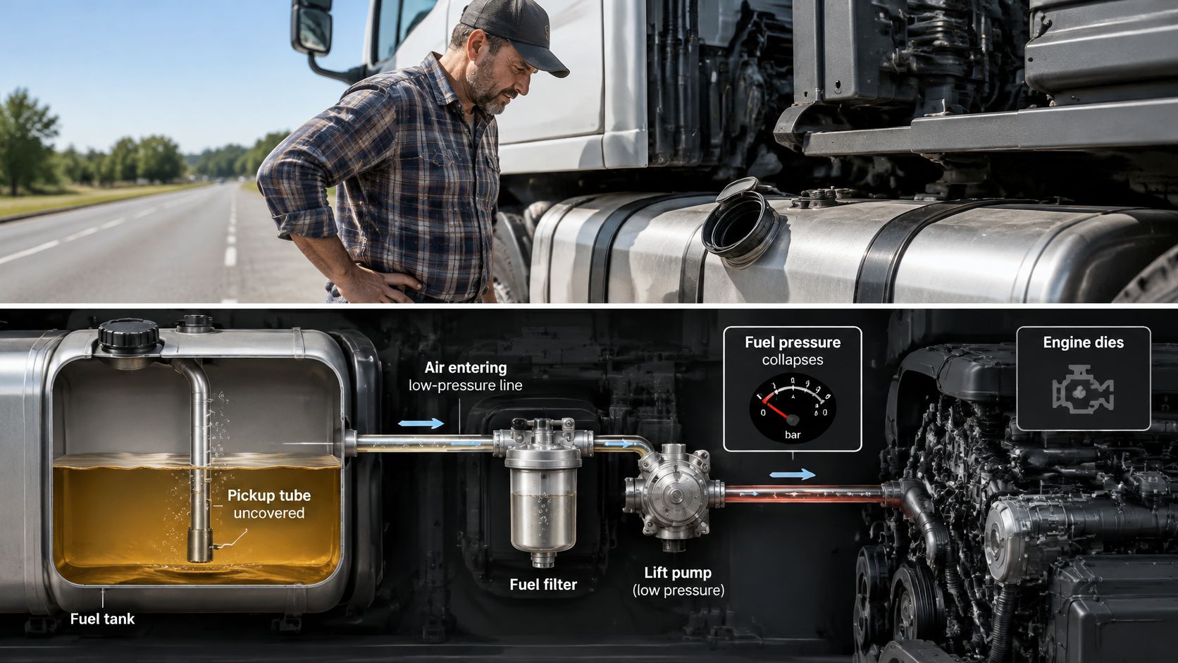 An illustration showing how a truck engine stops when the fuel tank is empty, causing air intake issues.