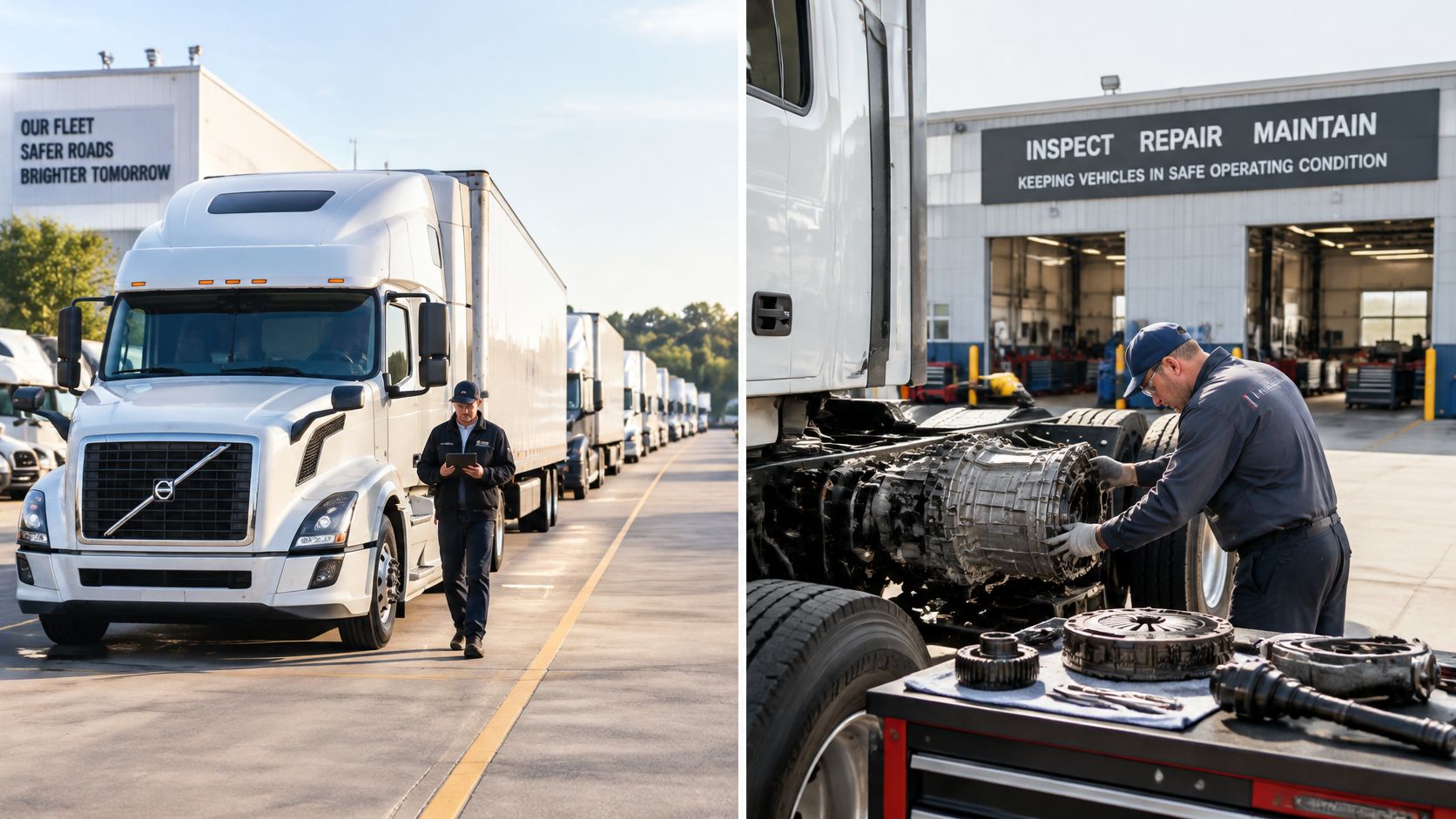 A technician inspecting a Volvo truck transmission outside a vehicle maintenance and repair shop facility.